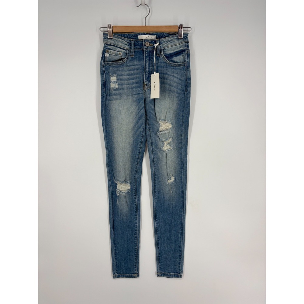 KanCan Jeans Womens 3/25 Blue Skinny Distressed Holes Straight Leg New